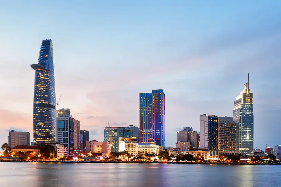 Ho Chi Minh City skyline at dusk, highlighting potential for business expansion in Vietnam with modern skyscrapers.