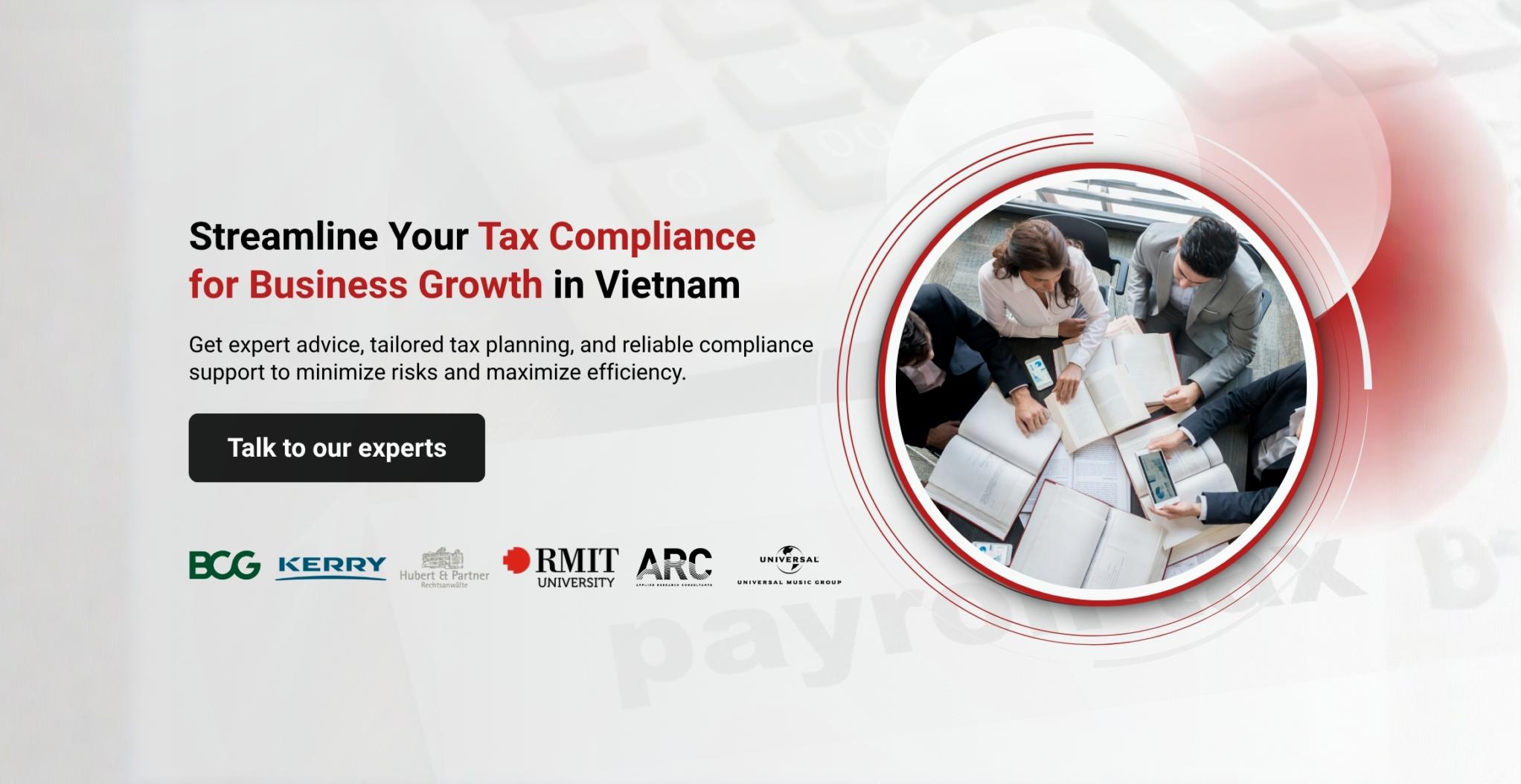 Group discussing tax compliance for business growth in Vietnam, featuring logos of advisory firms.
