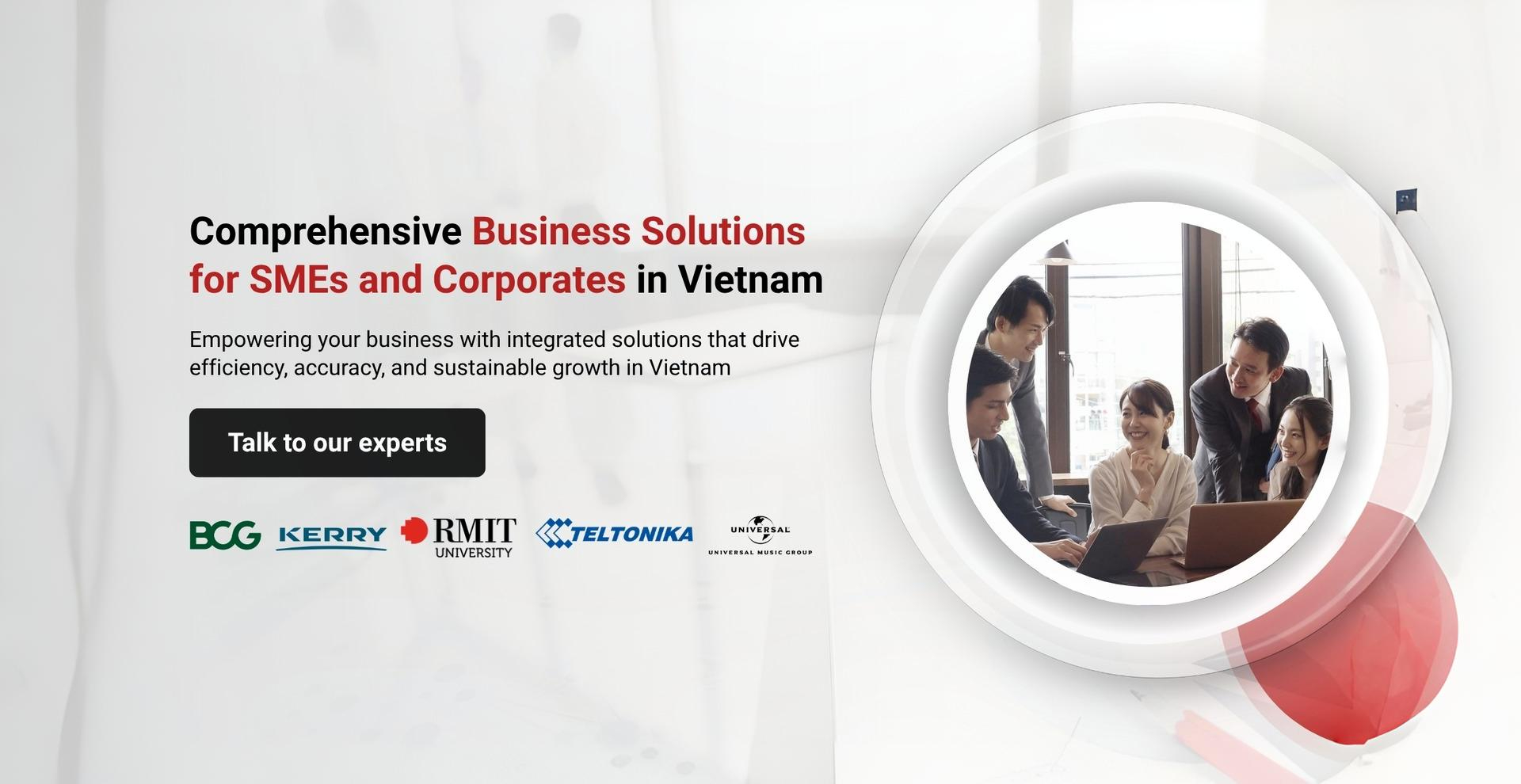 Business solutions for SMEs in Vietnam, featuring diverse professionals collaborating to boost efficiency and growth.
