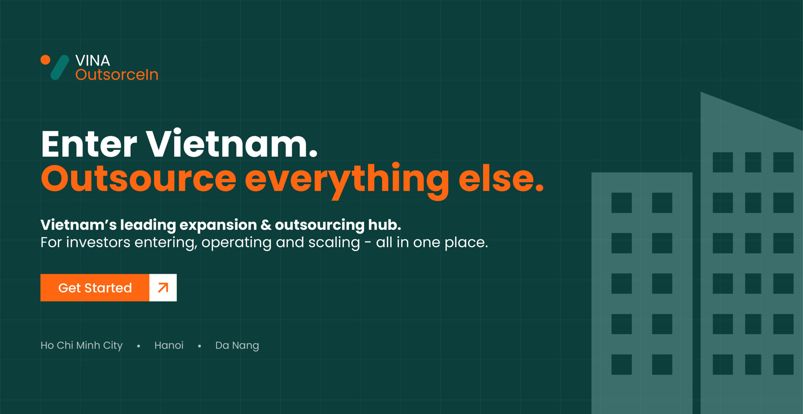 Vina OutsourceIn banner promoting Vietnam business expansion and outsourcing services with modern city illustration